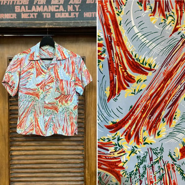 Vintage 1950’s Rayon Atomic Pattern Redwood Tree Hawaiian Shirt, Youth Size, Rockabilly, 50’s Vintage Clothing 