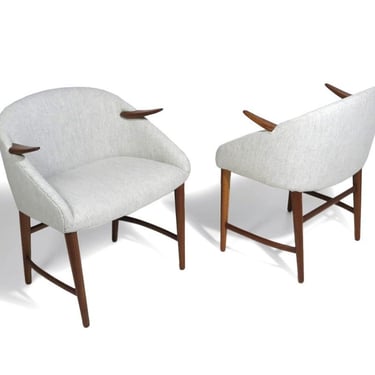 Pair of Unique Early Scandinavian Lounge Chairs with Sculptural Mahogany Arms