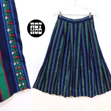 German Vibes Vintage 80s Navy Green Red Flower Stripe Mid-Length Skirt by Susan Bristol Components 