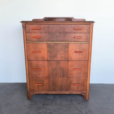 Art Deco Flame Walnut Wood 5 Drawer Highboy Dresser with Bakelite Pulls 