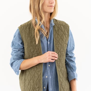 Vintage Green Diamond Quilt Cotton Vest | Unisex Sleeveless Liner Jacket | S M | V4 