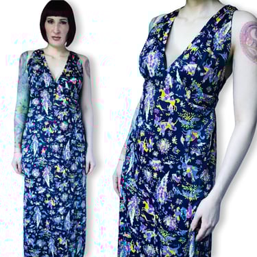 Vintage 1970's Men Riding Horses Novelty Print Dress - Blue Pink Yellow Cut Out Backless Maxi Dress - size Medium 