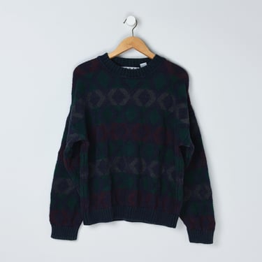 Vintage 90s Patterned Knit Sweater - nineties, crew neck, pullover, navy blue, dark green - Men's L 