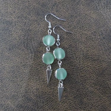 Long pale green earrings, bohemian earrings, beach earrings, frosted glass earrings, geometric earrings 