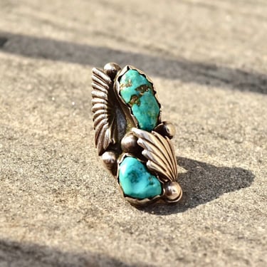 Vintage Navajo Turquoise Sterling Silver Feather Ring, Native American Ring With Silver Embellishments, Light Blue Turquoise Ring, 4 3/4 US 