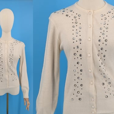 Vintage Seventies Cream Rhinestone Cardigan - 70s XS Romantic Button Up Sweater 
