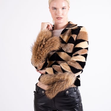 Vintage Reversible Patchwork Shearling + Leather Jacket with Oversized Fur Cuffs 90s Y2K Penny Lane Zip Front 