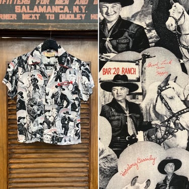Vintage 1950’s Rayon “Hopalong Cassidy” Photoprint Western Cowboy Youth Size Hawaiian Shirt Top, 50’s Vintage Clothing 