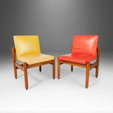 Set of Two (2) Minimalist Thonet Armless Chairs in Original Orange / Yellow Naugahyde Upholstery, USA, c. 1960's 