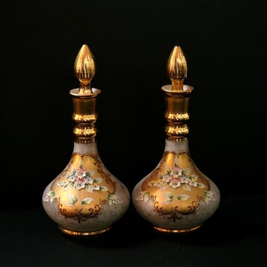 Pair of Bohemian Hand Painted Gold Floral Decanters 