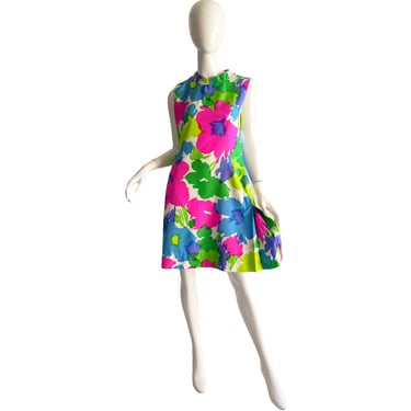 60s Hale Hawaii Mod Dress / Vintage Psychedelic Scooter Dress / 1960s Watercolor Flower Cotton Dress Medium 