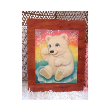 Vintage Big Eye Art - K Chin Polar Bear Litho - Kitschy Wall Hanging - 70s Cute Animal Decor 