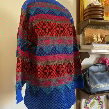 Vintage 80s Funky Oversized Checkerboard Oversized Sweater; 80s Chunky Knit Abstract Sweater with Bold Geometric Print 