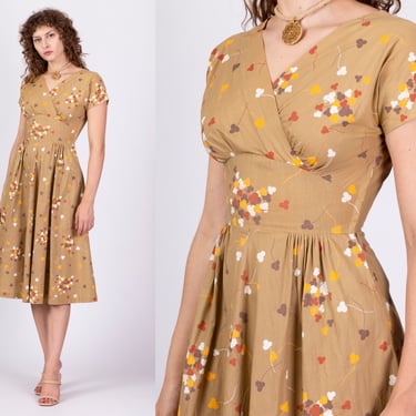 1950s Betty Barclay Clover Print Midi Dress - Extra Small | Vintage 50s Brown Fit & Flare Shelf Bust Tea Length Dress 