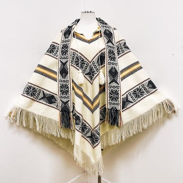 1970s Cream, Black & Yellow Loom Woven Poncho w Tie Neck Scarf, Tassles and Yarn Fringe | Vintage, Aztec, Snowflake, Winter, Ethnic 