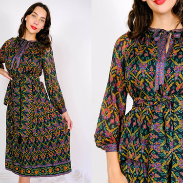 Vintage 70s TREACY LOWE LONDON Silk Three Piece Set w/ Indian Floral Print | 100% Silk | Made in India | 1970s Designer Silk Top, Skirt Set 
