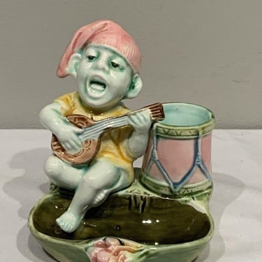 Antique Majolica Match Safe Striker Ashtray Man With Mandolin & Drum, match stick holder, housewarming gifts, gifts for him 