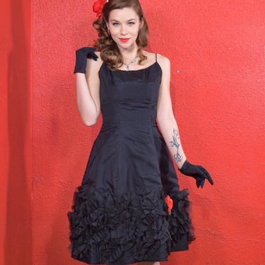 1950s Black Silk Ruffle Rose Dress Small 