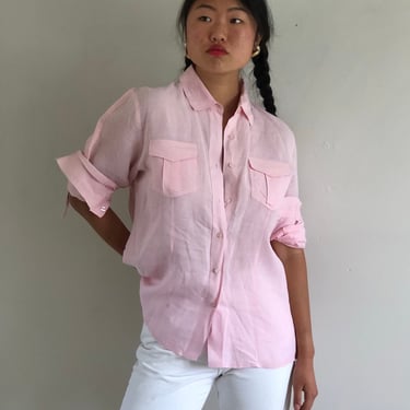 90s linen blouse / vintage blush ballet pink woven pure linen pocket shirt over shirt blouse | Large 