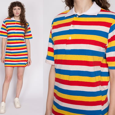 Medium 80s Colorful Striped Polo Mini Dress | Vintage Sporty Collared Short Sleeve Shirtdress 