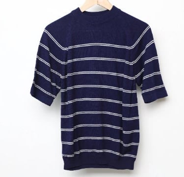 vintage BLUE and micro white stripe short sleeve SWEATER top - vintage 60s 70s -- acrylic men's size medium 