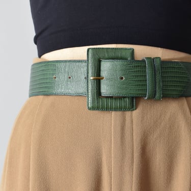 vintage wide green leather belt with square buckle, xs / s 