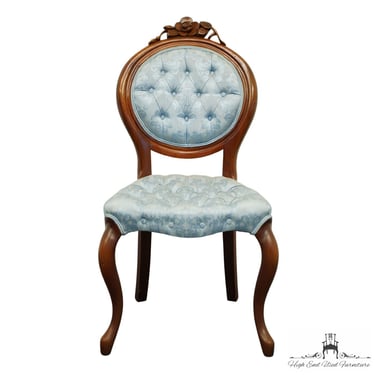 Antique Vintage Powder Blue Upholstered Traditional English Victorian Tuft-Back Accent Side Chair w. Rose Carving 