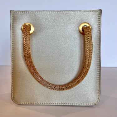 RARE Enzo Angiolini Handbag, Gold Satin Mini Bag,Metallic Mesh Handles, Vintage Formal Handbag from Le Collezioni Line, Cream Satin Purse 