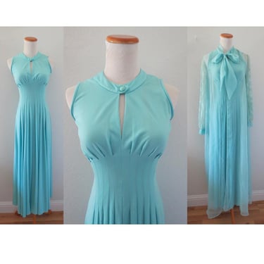 Vintage 70s Maxi Dress - Pastel Blue Long Formal Gown with Matching Sparkly Duster Cover Up - Size XXS / XS 