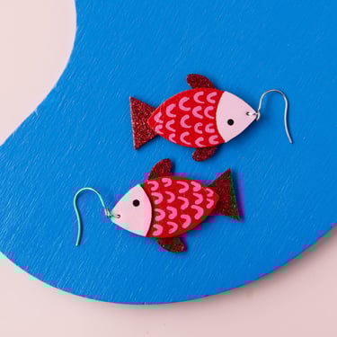 Red Fish Earrings - Handmade Leather Fish Earrings w/ Iridescent Fins 
