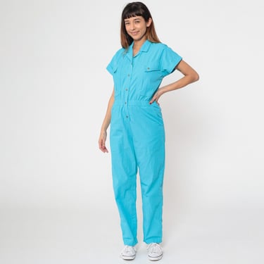 80s Turquoise Jumpsuit Snap Button Up Tapered Leg Pants Safari Pantsuit Vintage Cargo Pocket Short Sleeve Romper 1980s High Waist Small S 