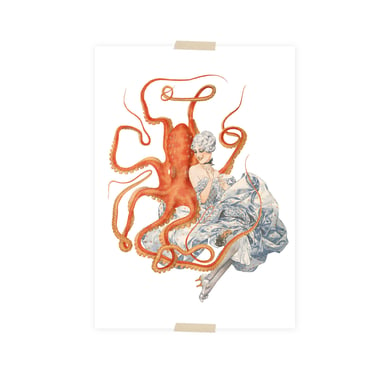 Postcard collage dametje met octopus