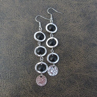 Long bohemian earrings, beach earrings, black frosted glass earrings, geometric earrings 