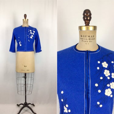 Vintage 50s Cardigan | Vintage royal blue wool floral Cardigan | 1950's embroidered blue sweater jumper 