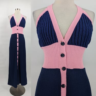 Vintage Seventies Small Kingston Knit by Cesia California Colorblock Stretch Dress - 70s Blue Pink Bodycon Halter Maxi Dress 