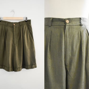 1990s Olive Green Raw Silk Shorts 