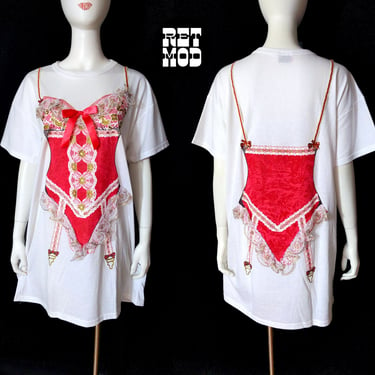 Too Cute Vintage 80s 90s Red Lingerie Trompe L'Oeil T-Shirt Nightgown Top 