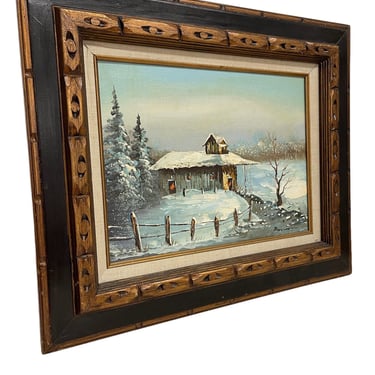 Free Shipping Within Continental US - Vintage Signed Painting of Winter Cabin on Canvas. 