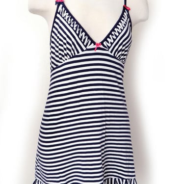 Y2K BETSEY JOHNSON Stripe Slip Dress, Blue and White, Babydoll, Mini dress, MEDIUM, Intimates Vintage 