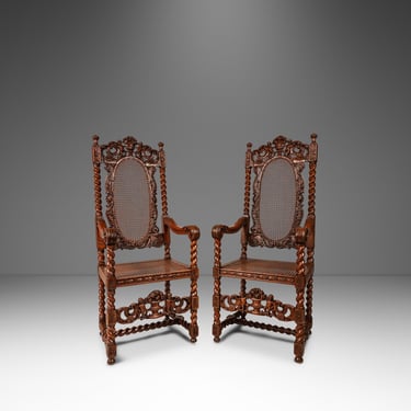 Set of Two ( 2 ) Antique 18th Century Jacobean Stuart Baroque Styled Hand-Carved Armchairs in Oak & Cane, England, c. 1890s 