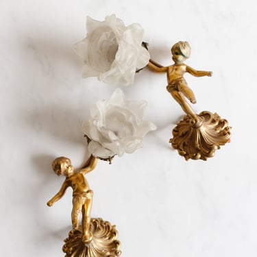 turn of the century french bronze putti angel sconces with glass floral shades