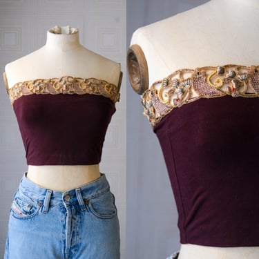 Vintage 90s ROMEO GIGLI Burgundy Stretch Tube Top w/ Gold Metallic Embroidered Trim Unworn NWT | Made in Italy | 1990s Designer Silk Top 