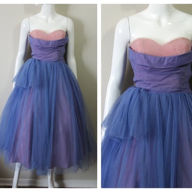 1950s Prom Pink Purple Prom Tulle Dress Strapless Cupcake Prom Shelf Bust Event Dress formal gown // US 2 4 