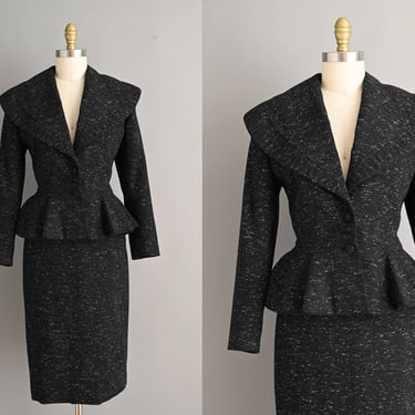 vintage 1950s Suit Dress | Lilli Ann 2pc Black Flecked Wool Suit | Medium 