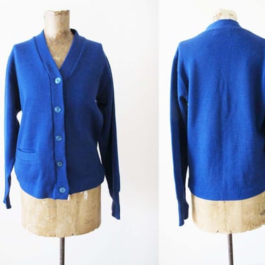 Vintage 50s Wool Cardigan XS S - 1950s Blue Albion Knit Collegiate Sports Cardigan Sweater - Solid Color - Preppy 