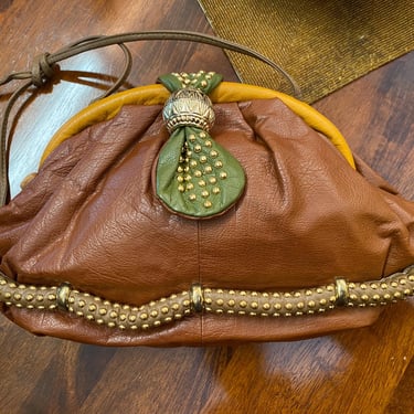 Vintage Tan Leather Clutch Purse with Gold Studs 80s Neutral Tone Shoulder Bag 