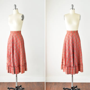 Vintage Tartan Midi Skirt Sm / 26 Inch Waist / Red Plaid Midi Skirt / Semi Full Plaid Skirt / High Waist Red Plaid Skirt / Size Small 