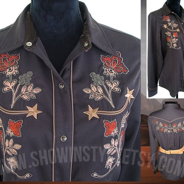 Roper Vintage Retro Western Women's Cowgirl Shirt, Rodeo Blouse, Dark Brown, Rust Orange Floral Embroidery, Tag Size Med (see meas. photo) 