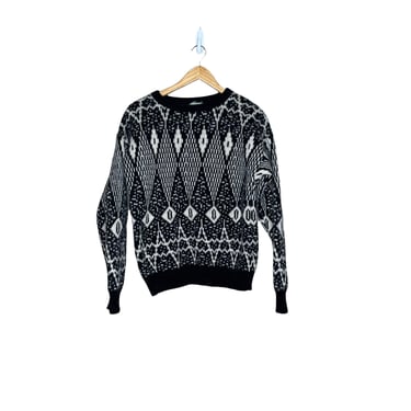 Vintage Benetton Sweater, Black and White Geometric Shetland Wool Sweater, Size M 