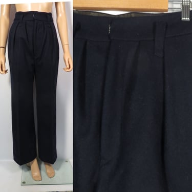 Vintage 40s/50s Heavy Wool Navy Blue Button Fly Pleat Front Unisex Trousers Size 28 Waist 